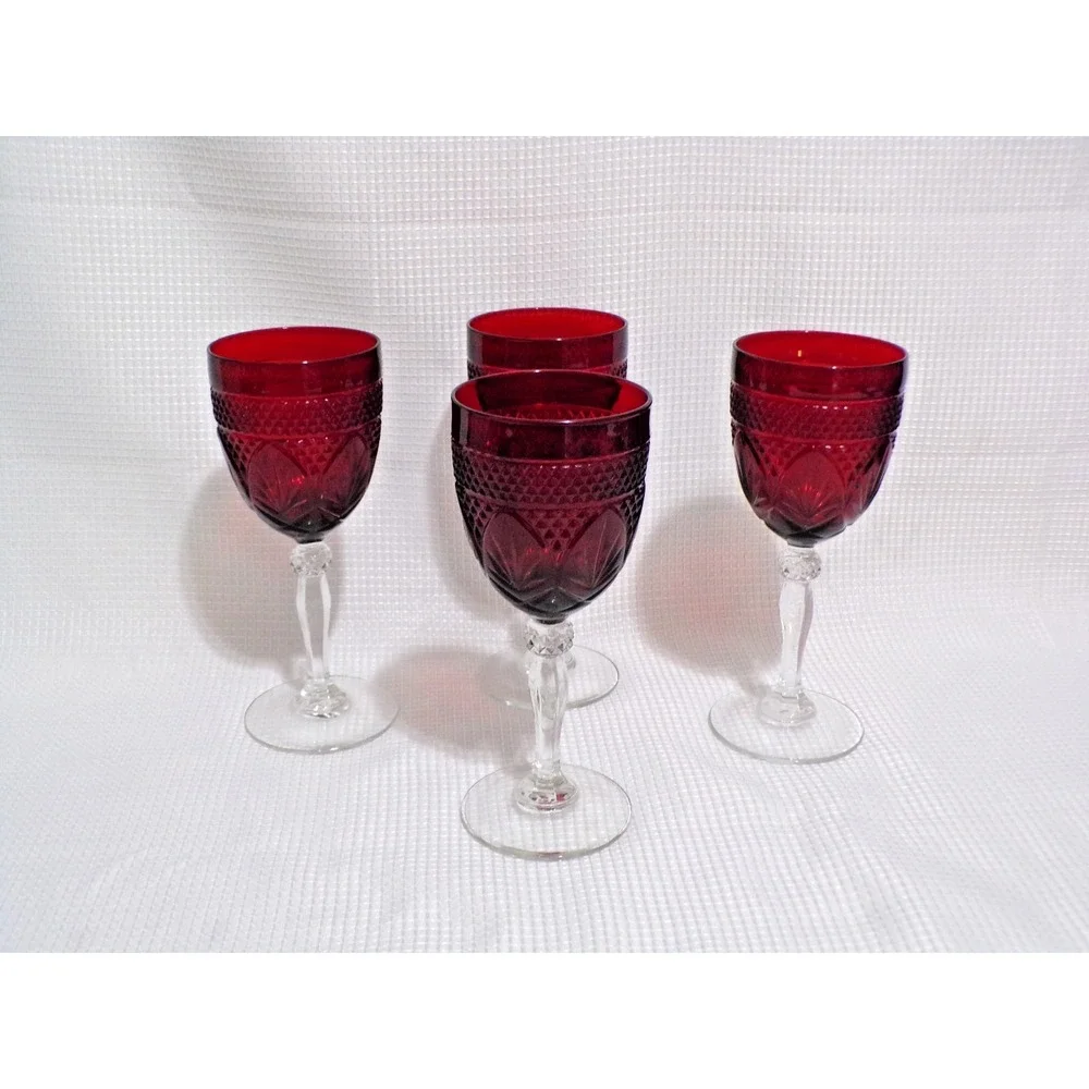 Crystal D'Arques Durand  Antique Ruby Red Water or Wine Goblets 8oz Clear Stem 4